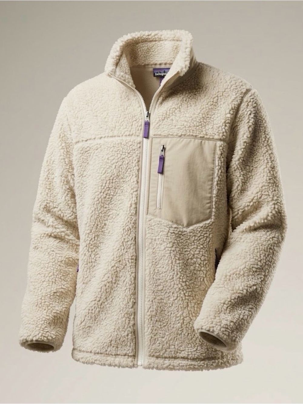 Patagonia Cream Sherpa Zip-Up Jacket with Purple Accents